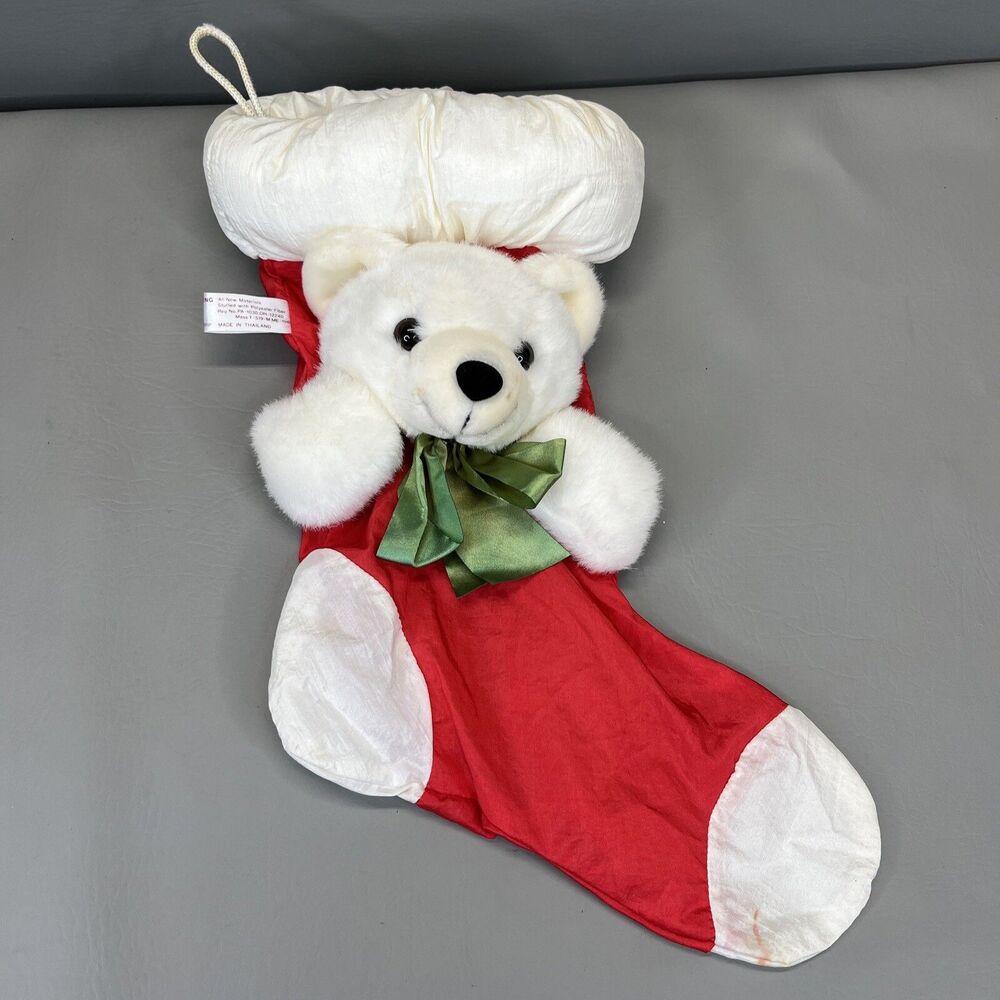 Vintage 1989 Fiesta Nylon Parachute White Bear Plush Christmas Stocking Puffy 3D